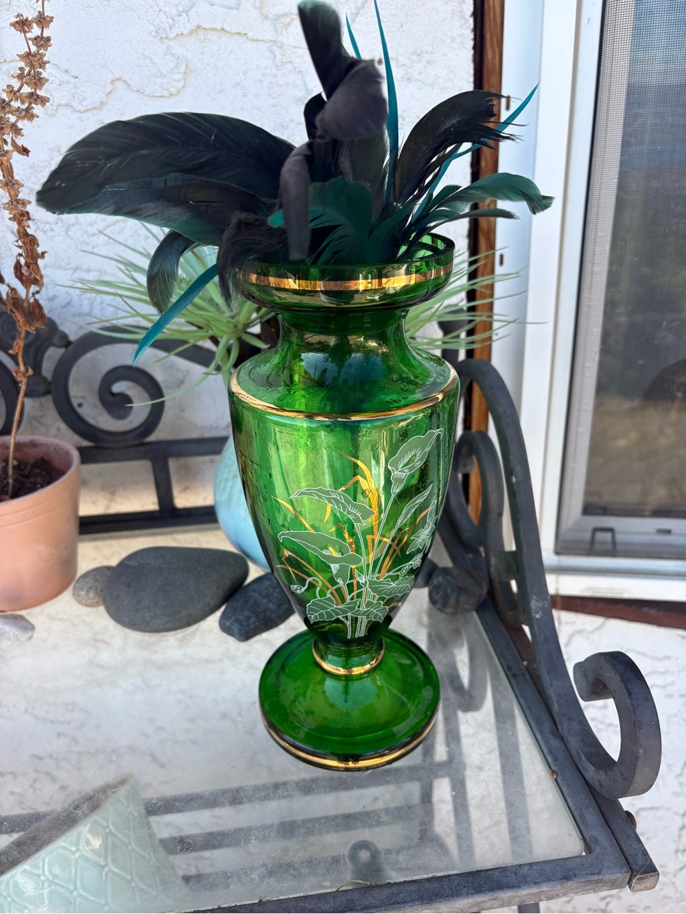 Green Vintage Czech Glass Vase Hand Painted
